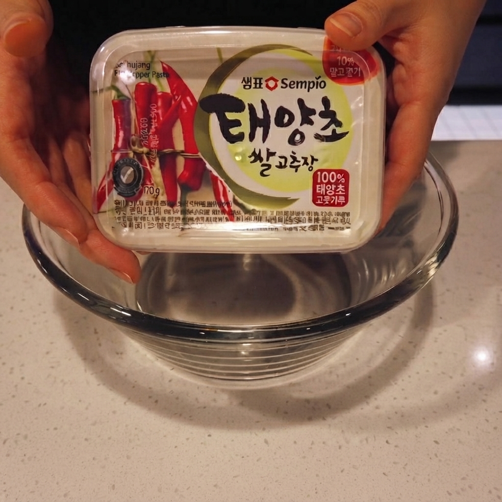 Pasta de ají coreana siendo recogida con una cuchara en un bol de mezcla de cristal.