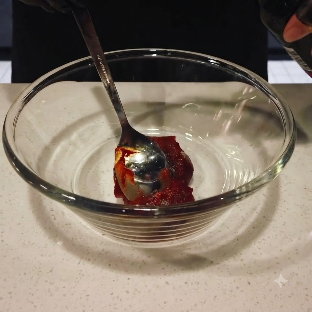 Salsa de soja oscura siendo vertida desde una botella al bol de cristal con la pasta de ají.