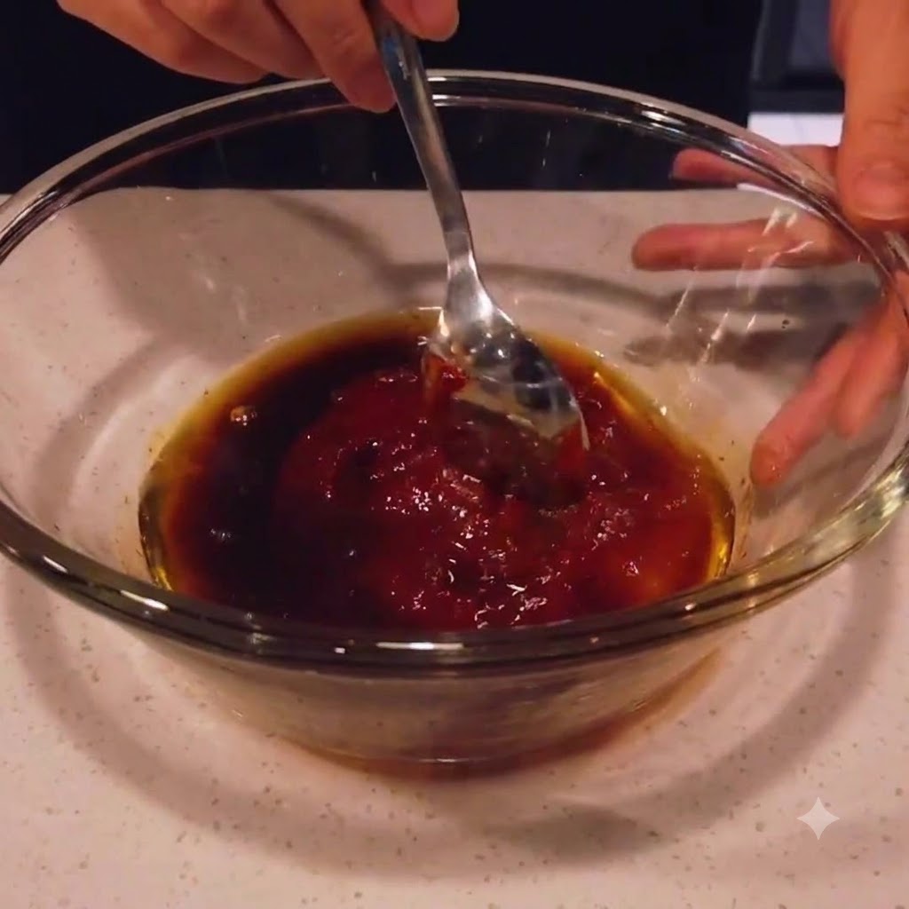 Los ingredientes de la salsa siendo revueltos a fondo con una cuchara en el bol de cristal.