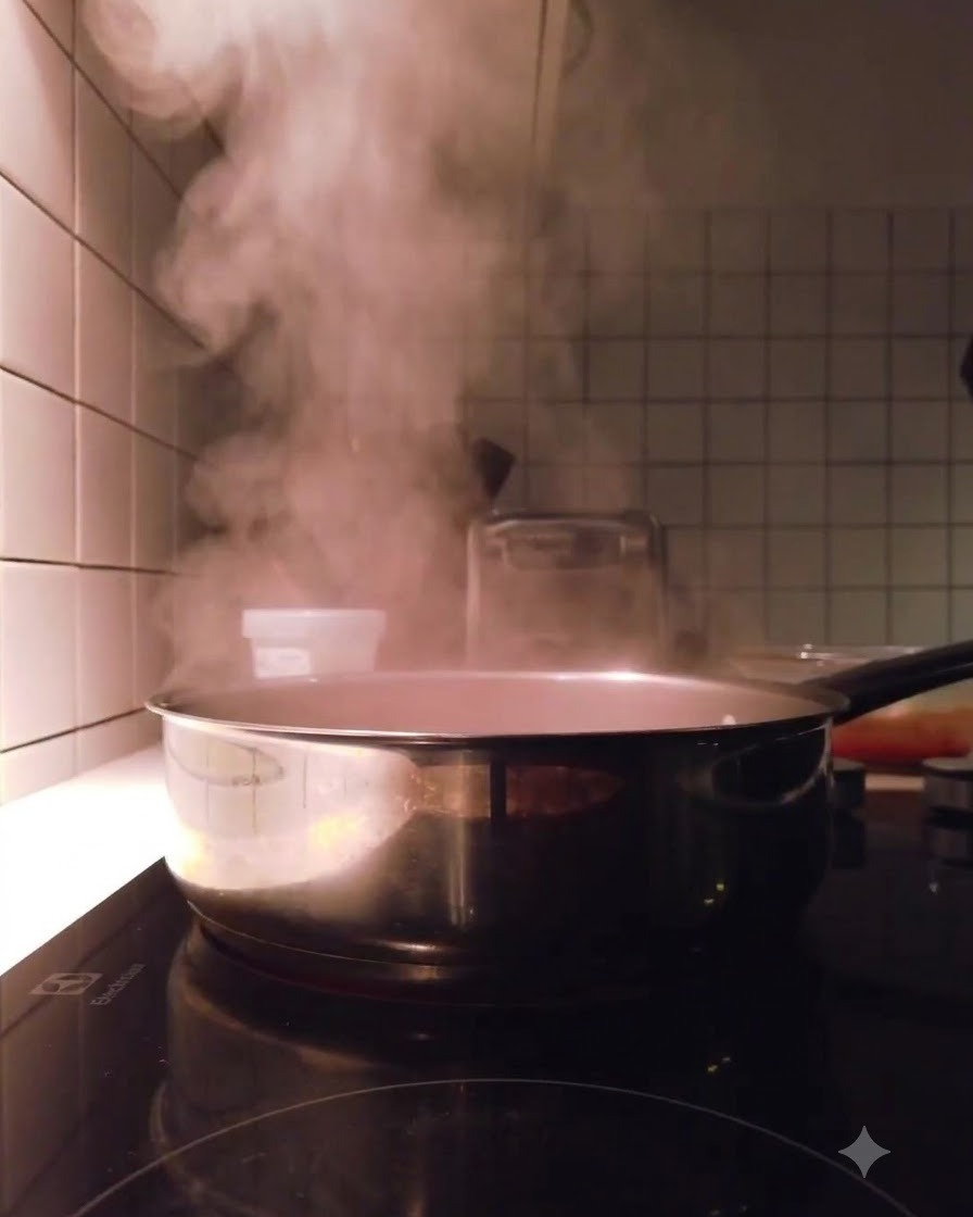 Un paquete de kimchi siendo vaciado en una olla con agua hirviendo en la cocina.