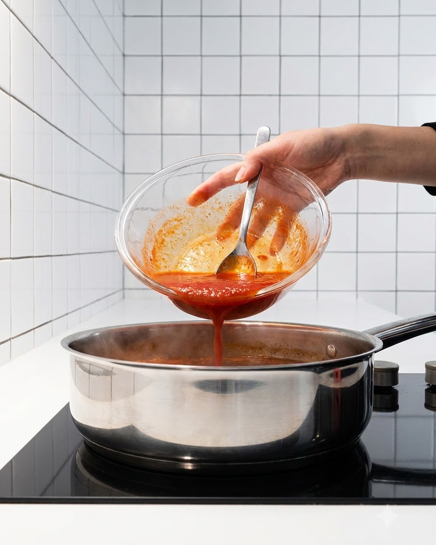 La mezcla de salsa preparada siendo vertida desde un bol de cristal a la olla con el agua hirviendo de kimchi.