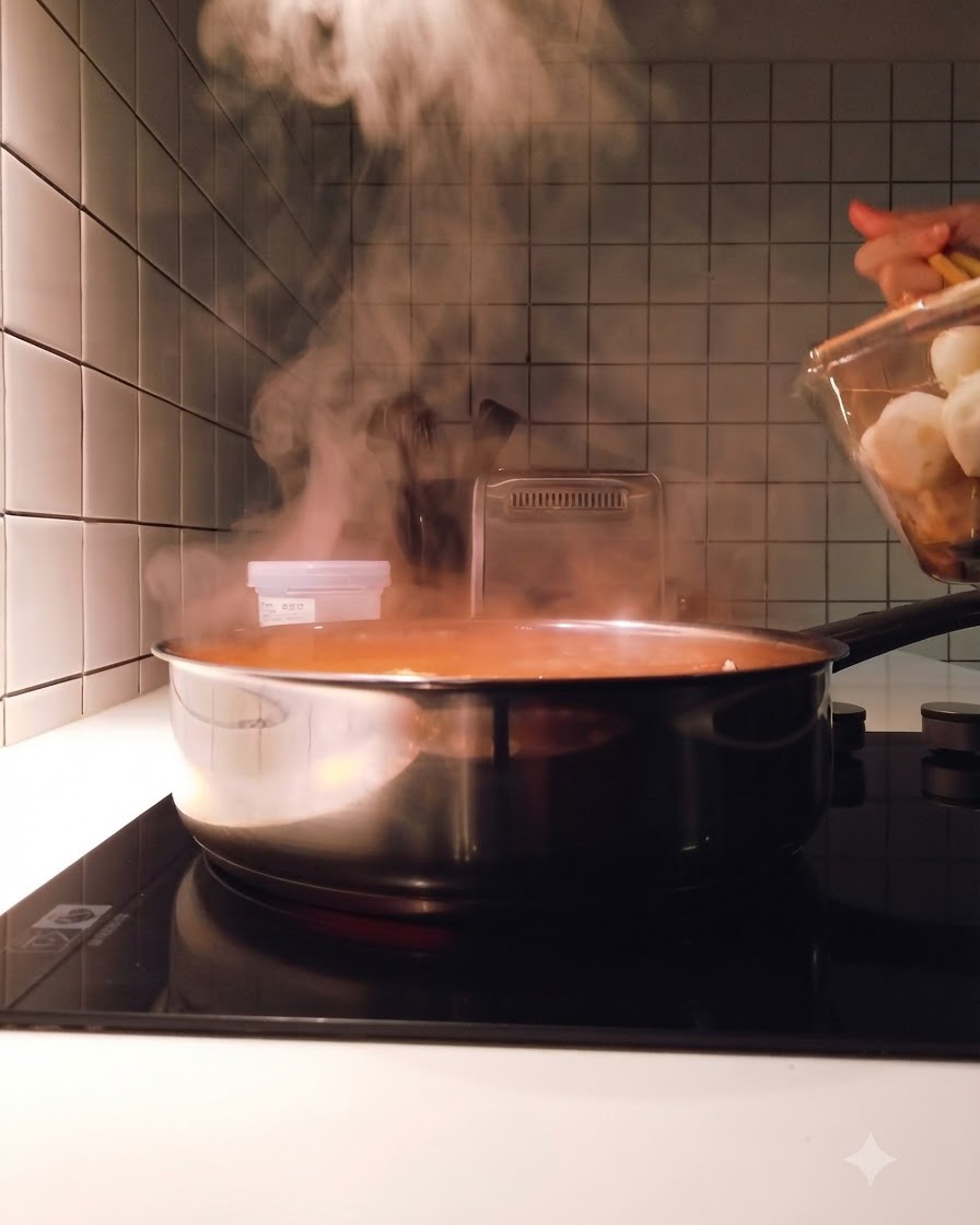 Albóndigas de tendón de ternera, albóndigas de pescado y pasteles de arroz con queso siendo añadidos con palillos a una olla de caldo hirviendo.