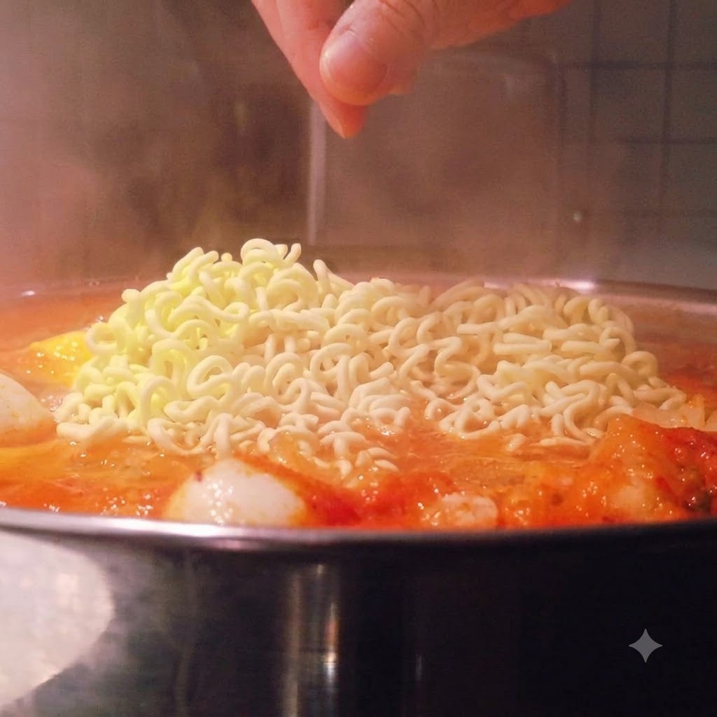 Un bloque de fideos ramen instantáneos siendo colocado en la olla de sopa roja burbujeante.
