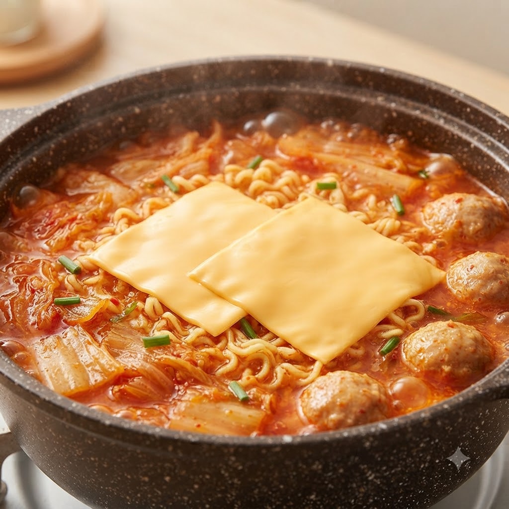 Dos lonchas de queso siendo colocadas sobre los fideos ramen que se están cocinando en la olla.
