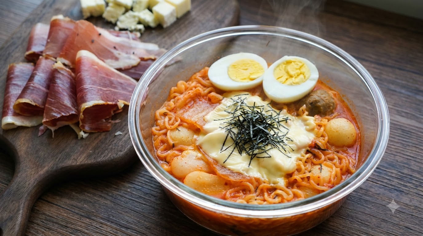 Sopa Coreana de Kimchi y Pasteles de Arroz con Ramen y Queso