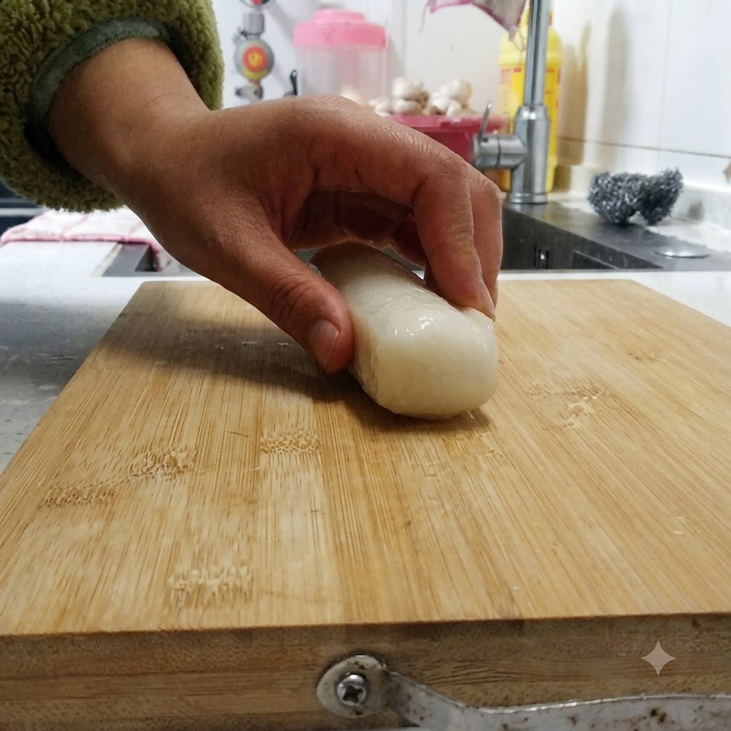 Una vista de cerca de un pastel de arroz grande cortándose de manera uniforme en una tabla de cortar de madera con un cuchillo de cocina pesado.