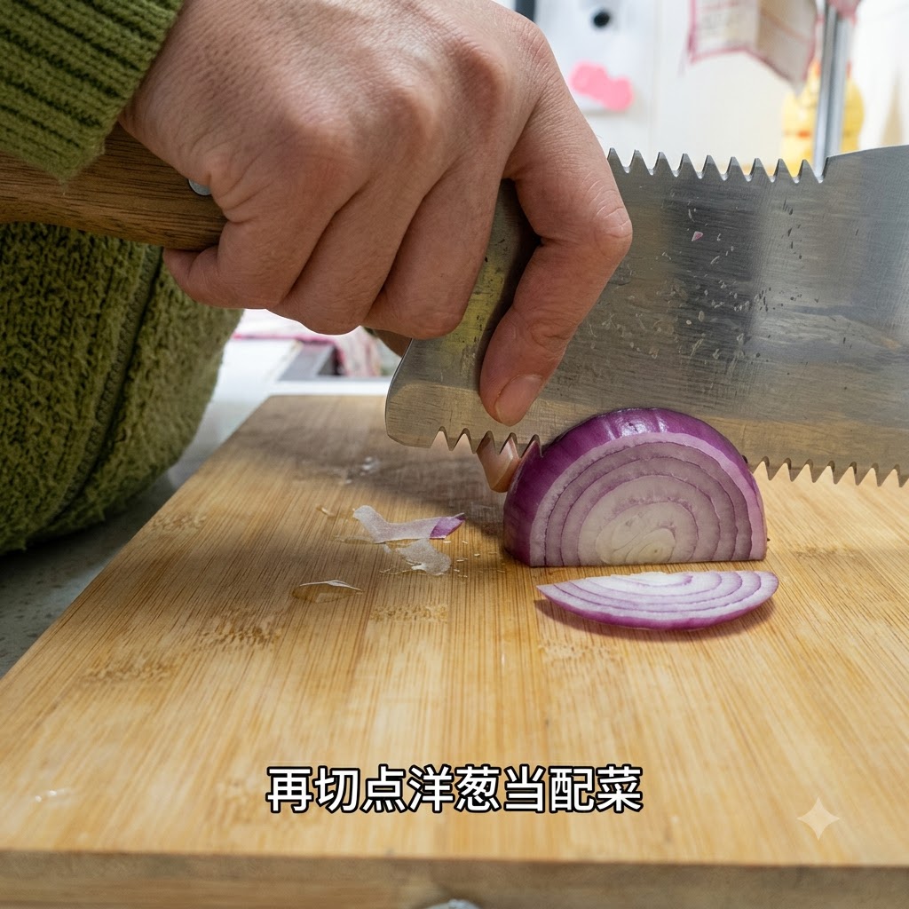 Una cebolla roja cortada en rodajas finas sobre una tabla de madera con un cuchillo.