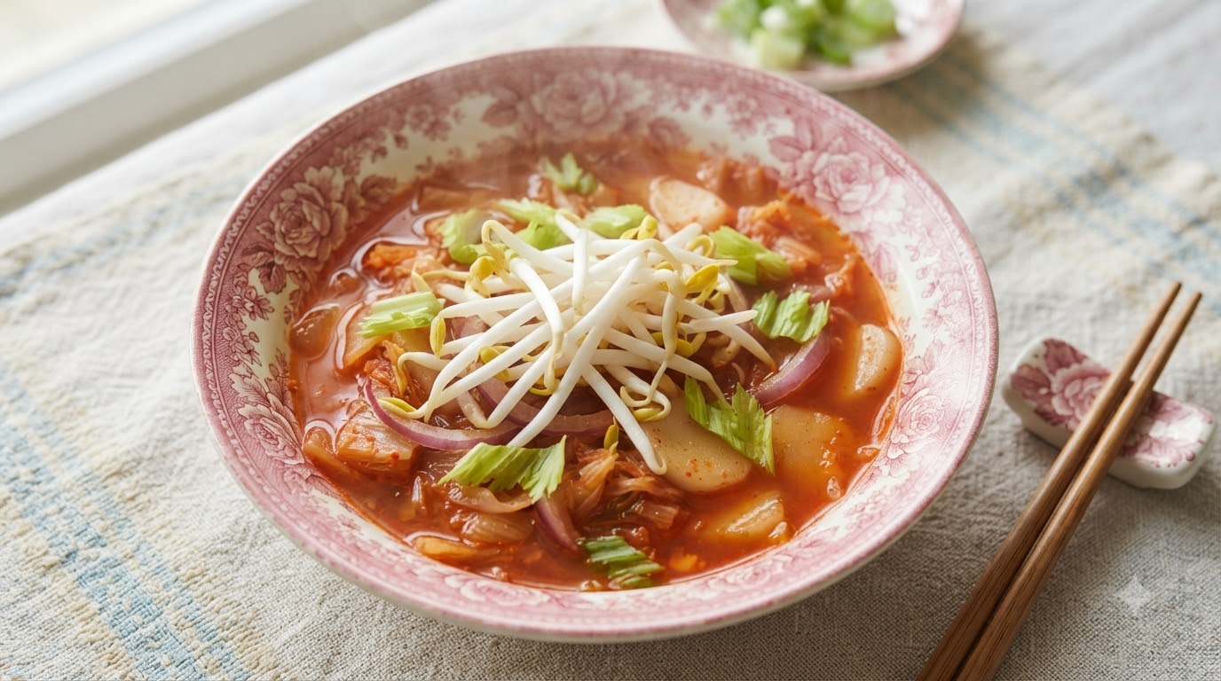 Sopa Picante de Pastel de Arroz con Kimchi (Tteokguk)