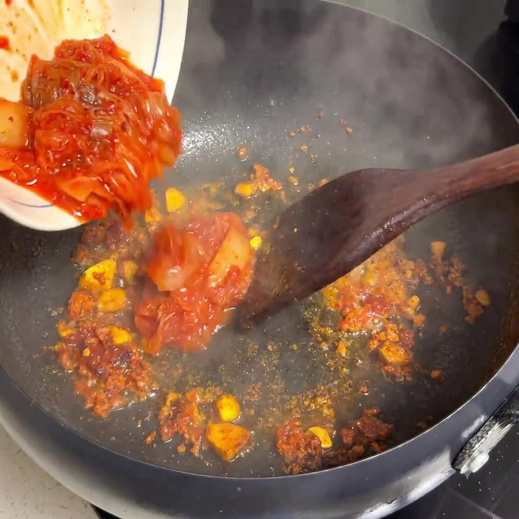 Carne de res cruda cortada finamente siendo añadida a una sartén con tomates y cebollas.