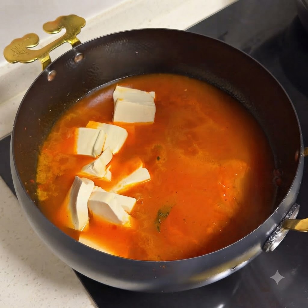 Salsa oscura y sabrosa siendo vertida en una sartén con carne y tomates.