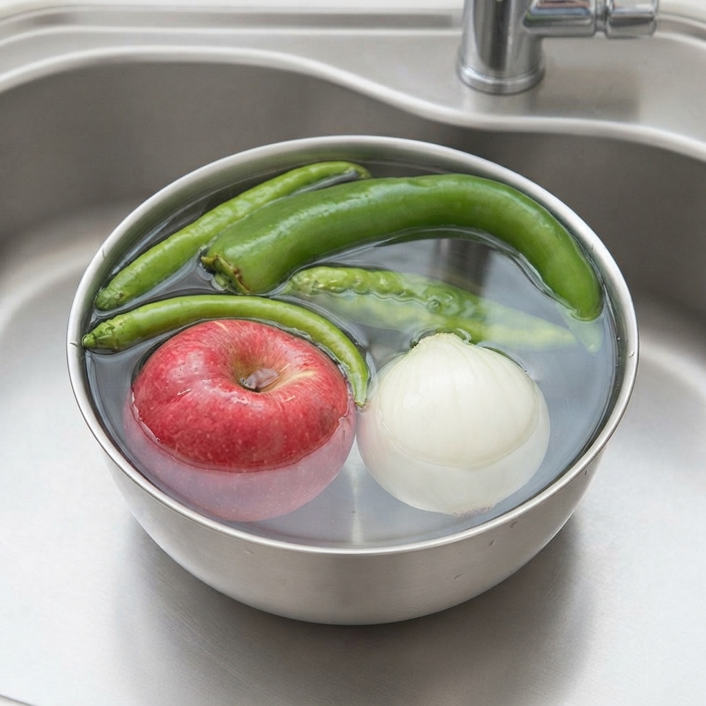 Pimientos verdes, una manzana y una cebolla sumergidos en un bol metálico con agua dentro de un fregadero de cocina.