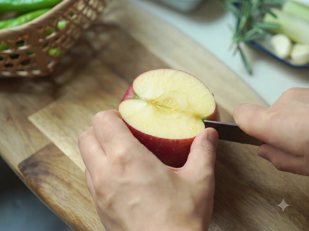 Una manzana siendo cortada en una tabla de cortar de madera con un cuchillo sostenido en la mano.