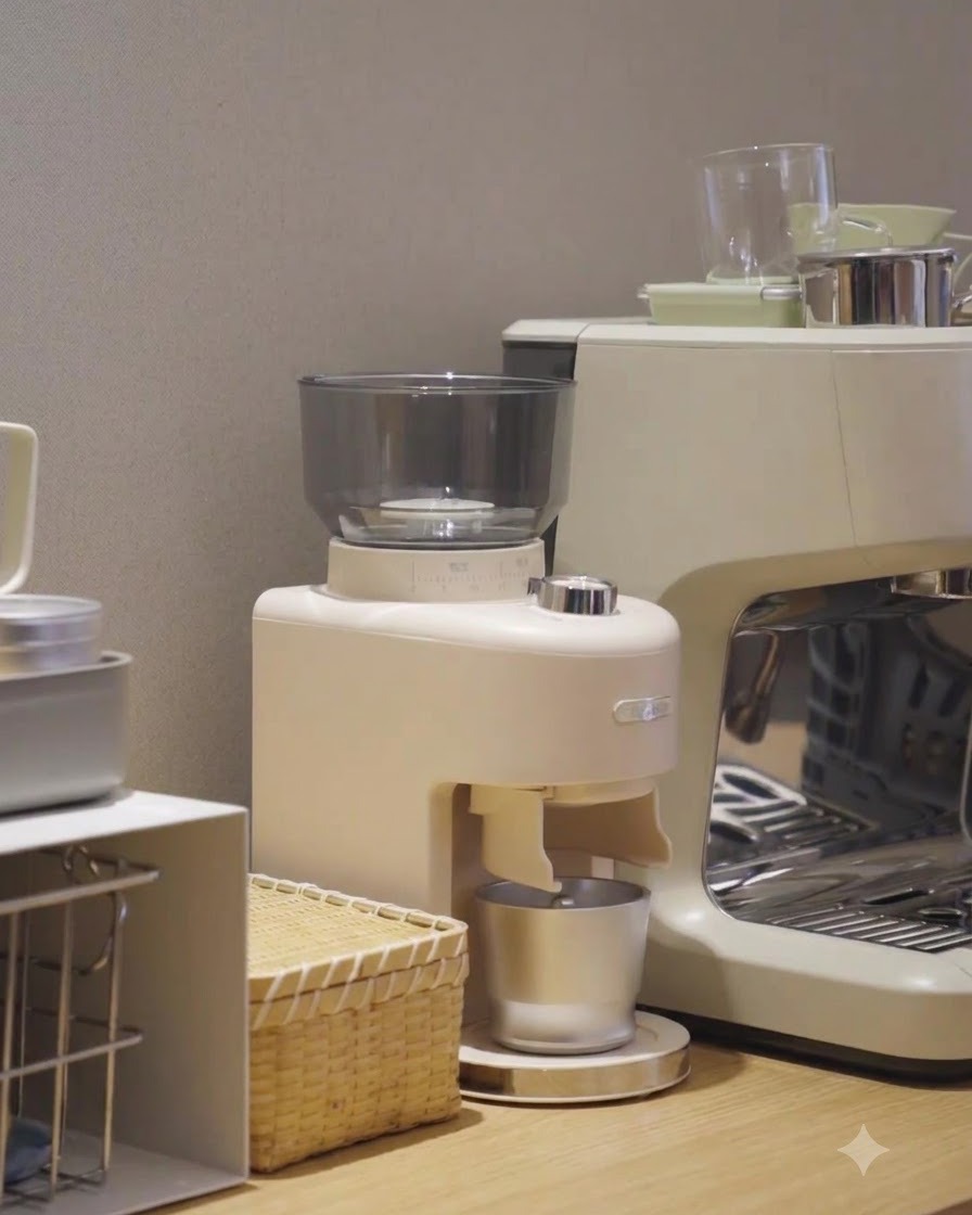 Un molinillo de café beige sentado en una encimera de cocina al lado de una máquina de espresso.