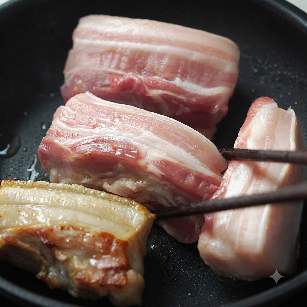 Múltiples trozos de panceta de cerdo siendo girados con palillos en una sartén, con un trozo mostrando una costra dorada.