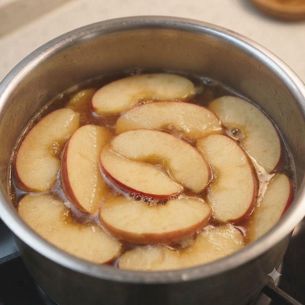 Rodajas de manzana flotando uniformemente en una olla llena de caldo sazonado.