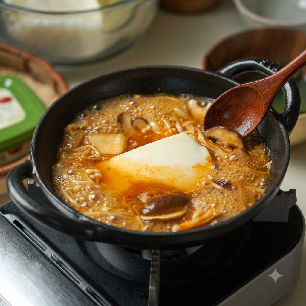 Un bloque de tofu y setas hirviendo en un caldo oscuro y sabroso dentro de una olla de hierro fundido.