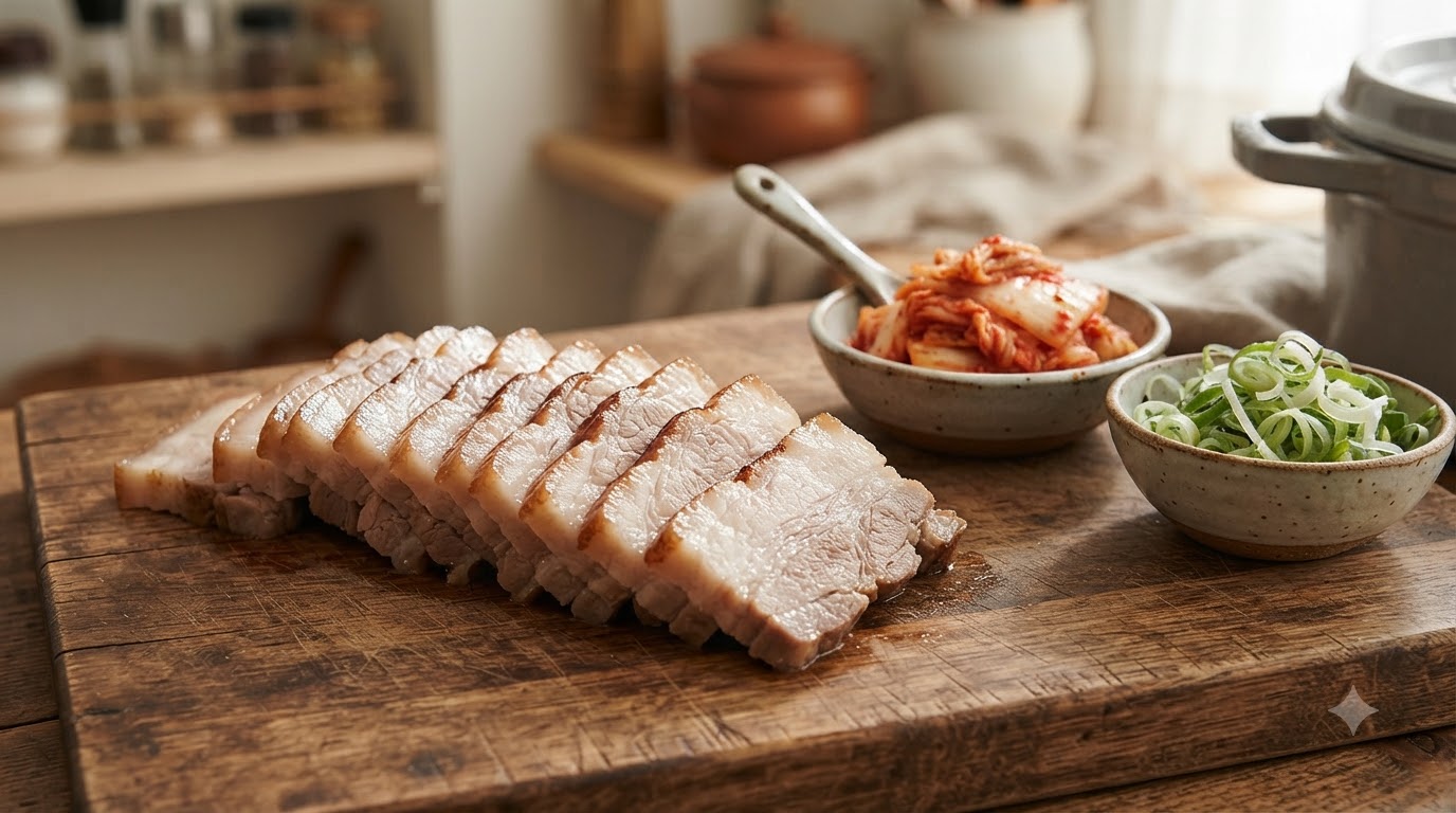 Panceta de Cerdo Cocida Coreana (Bossam) y Sopa de Kimchi con Tofu
