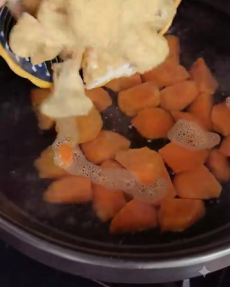 Dados de tofu frito añadiéndose a la olla de cocción.