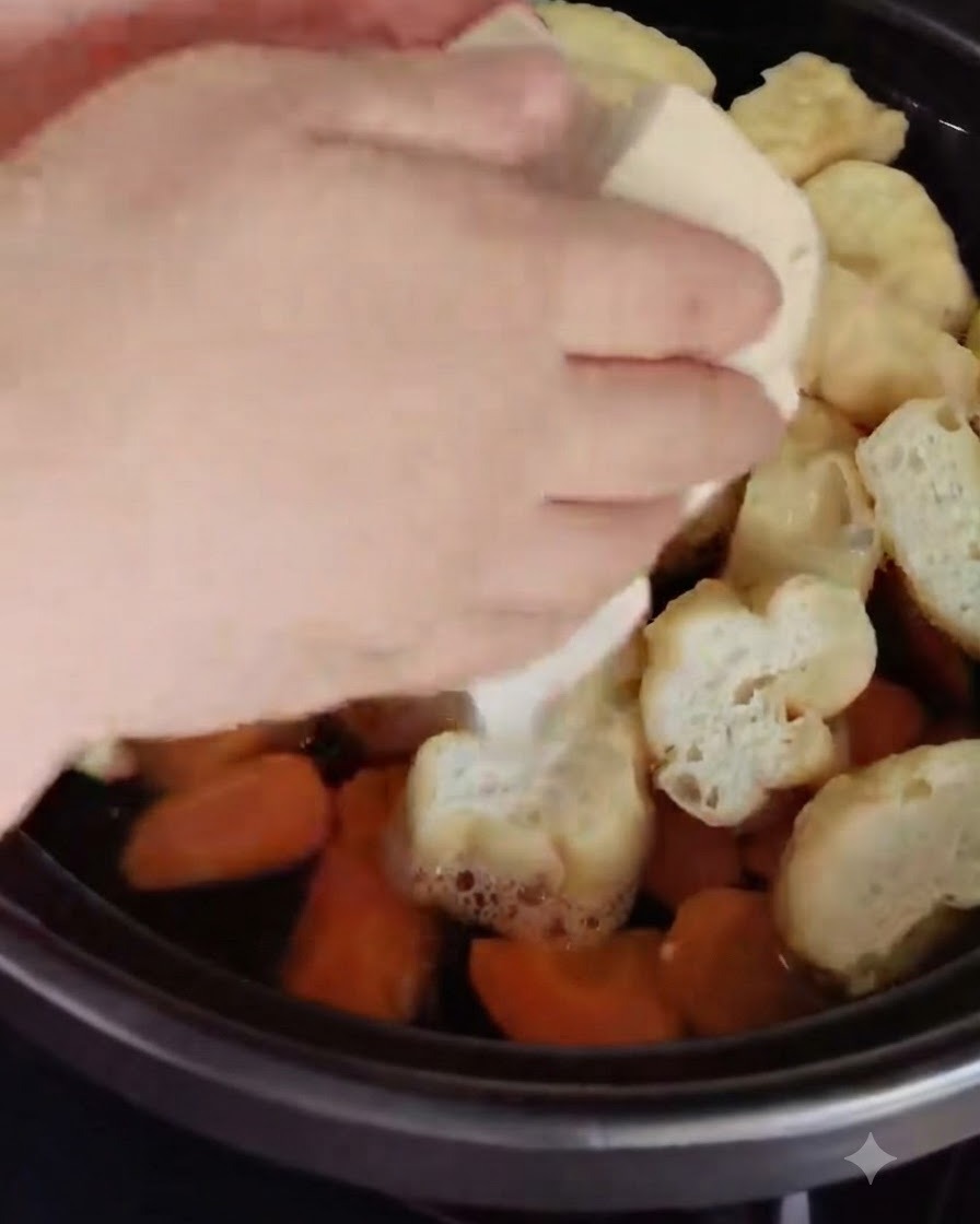 Cubos de tofu blanco siendo añadidos a una olla llena de ingredientes.
