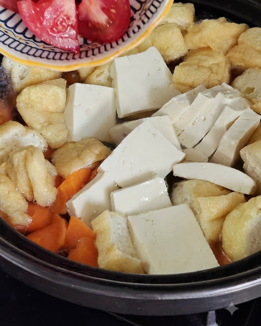 Tomates picados vertiéndose desde un plato pequeño a la olla.