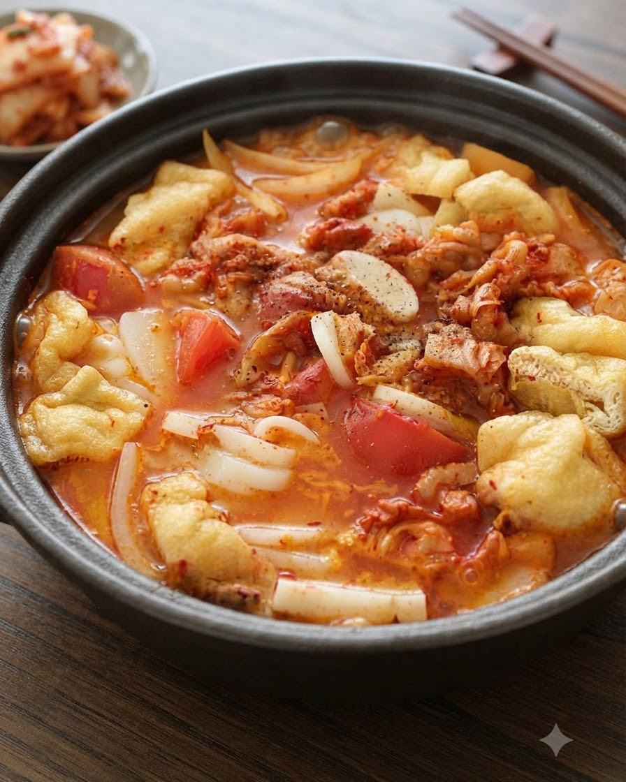 Un primer plano de pimienta negra espolvoreándose sobre una olla burbujeante de sopa de kimchi.