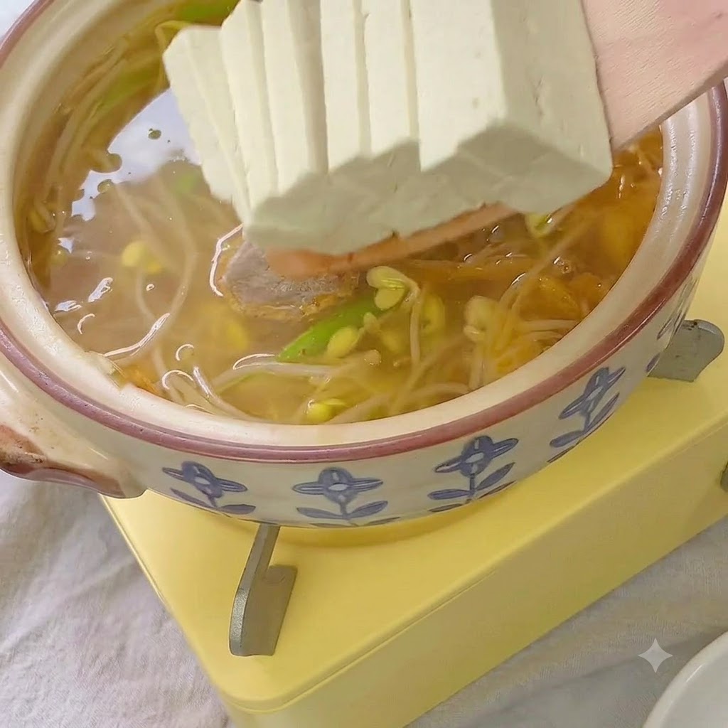 Rodajas de tofu firme y albóndigas siendo añadidas al caldo.