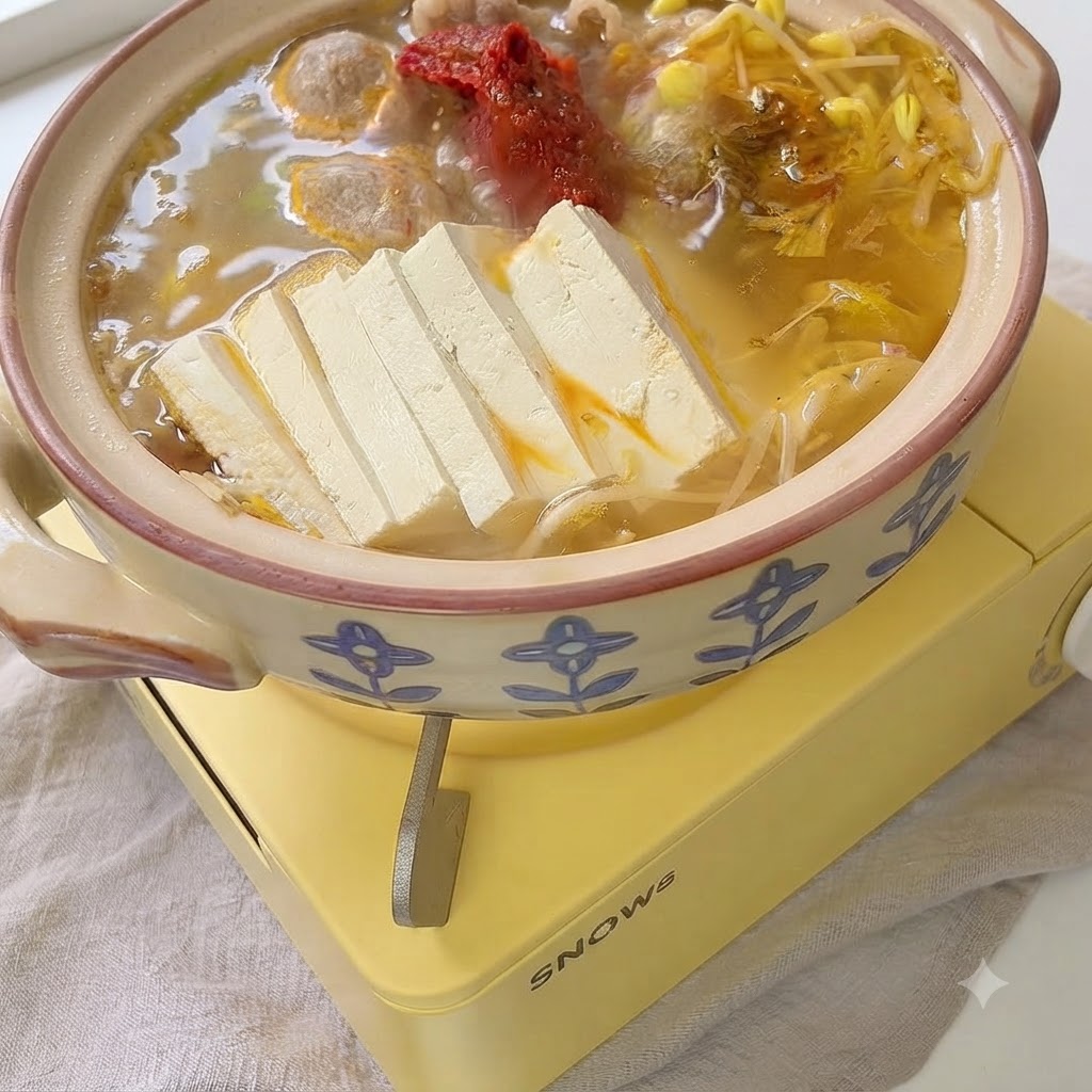Pasta de ají coreano y condimentos agregados a la olla burbujeante.