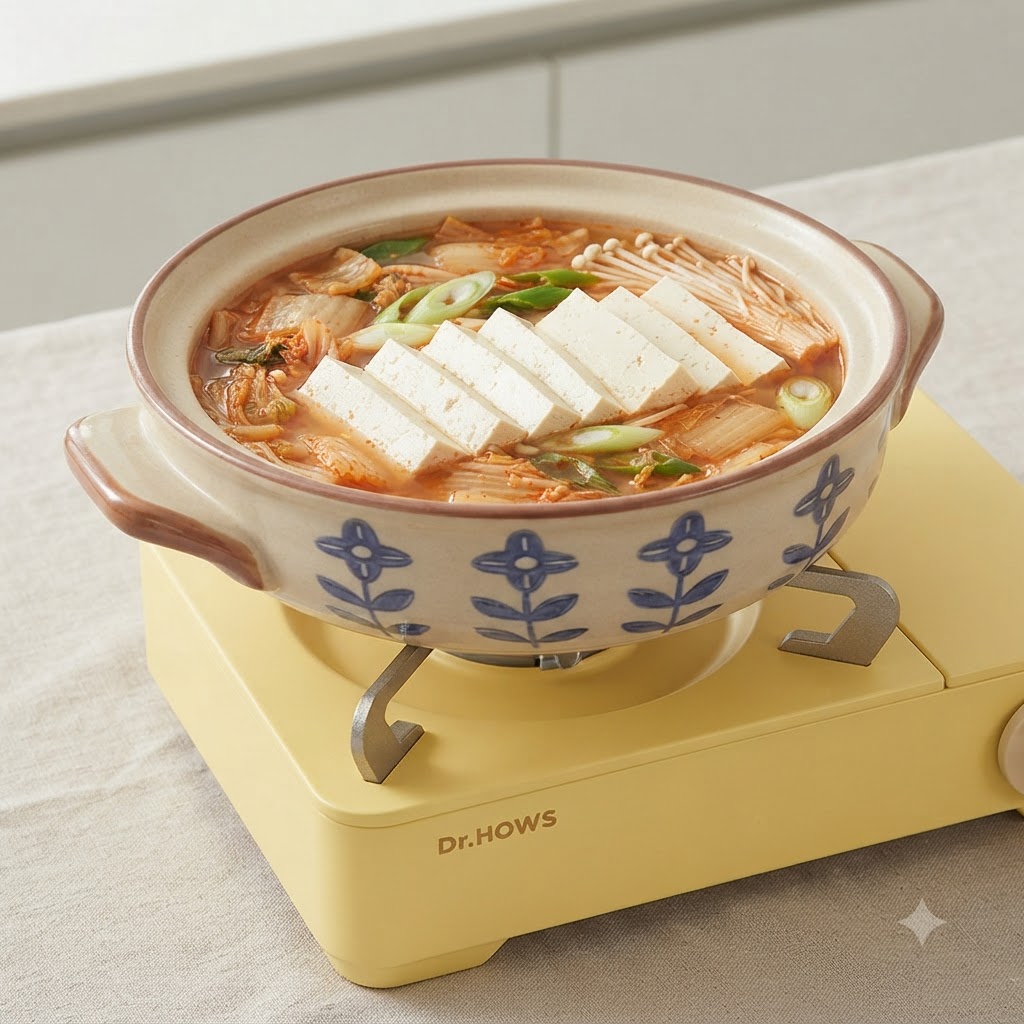 Champiñones enoki frescos y dumplings congelados colocados ordenadamente en una olla con sopa coreana a fuego lento.