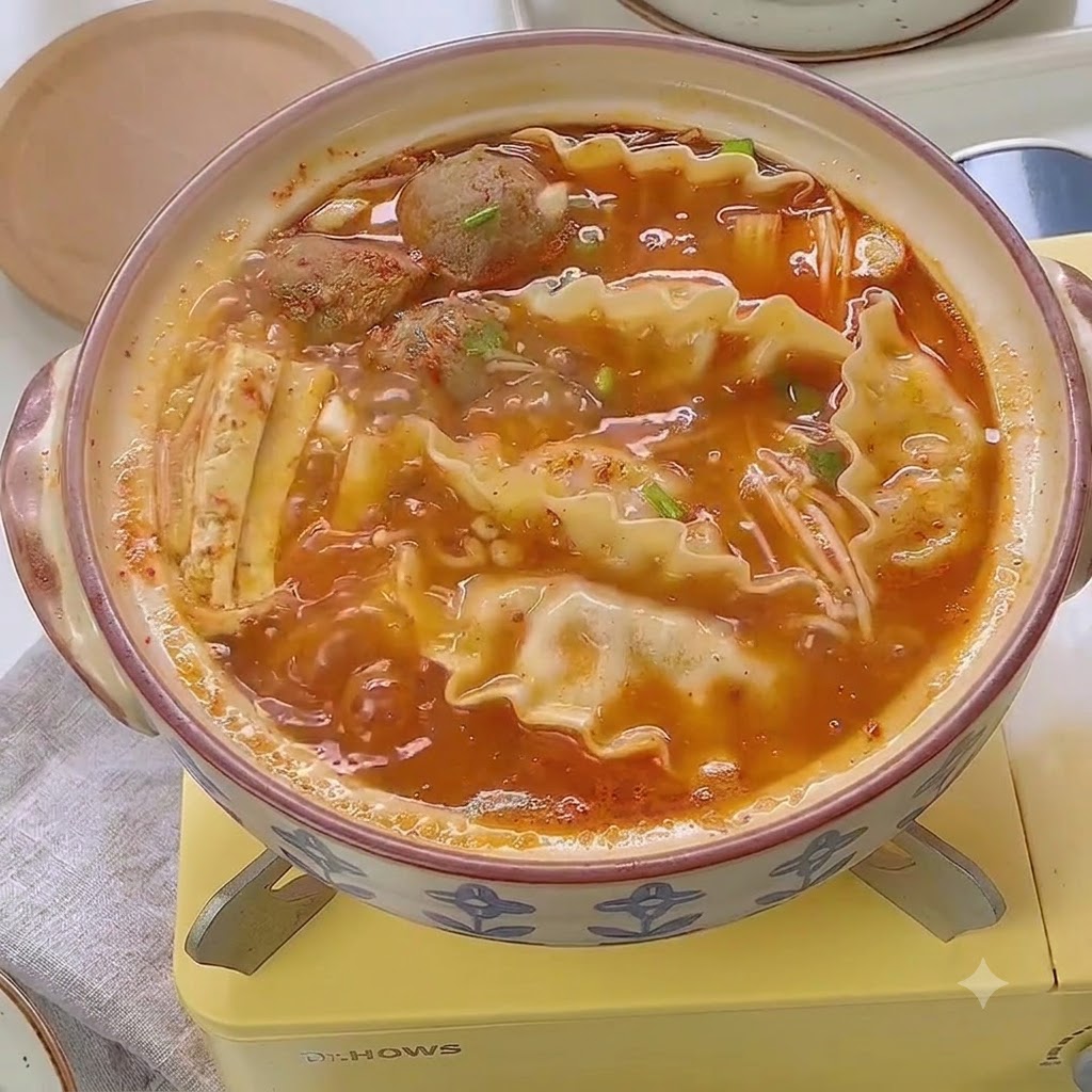 Una olla caliente y cocida de sopa de kimchi coreana con dumplings adornada con cebollino picado y semillas de sésamo blanco.
