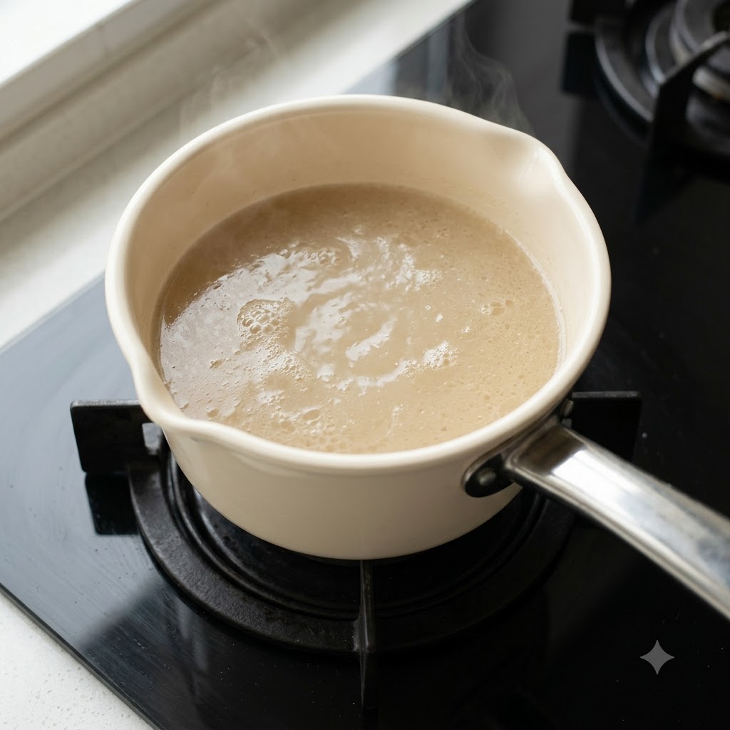 Una olla de caldo de hueso de res lechoso a fuego lento en una estufa.