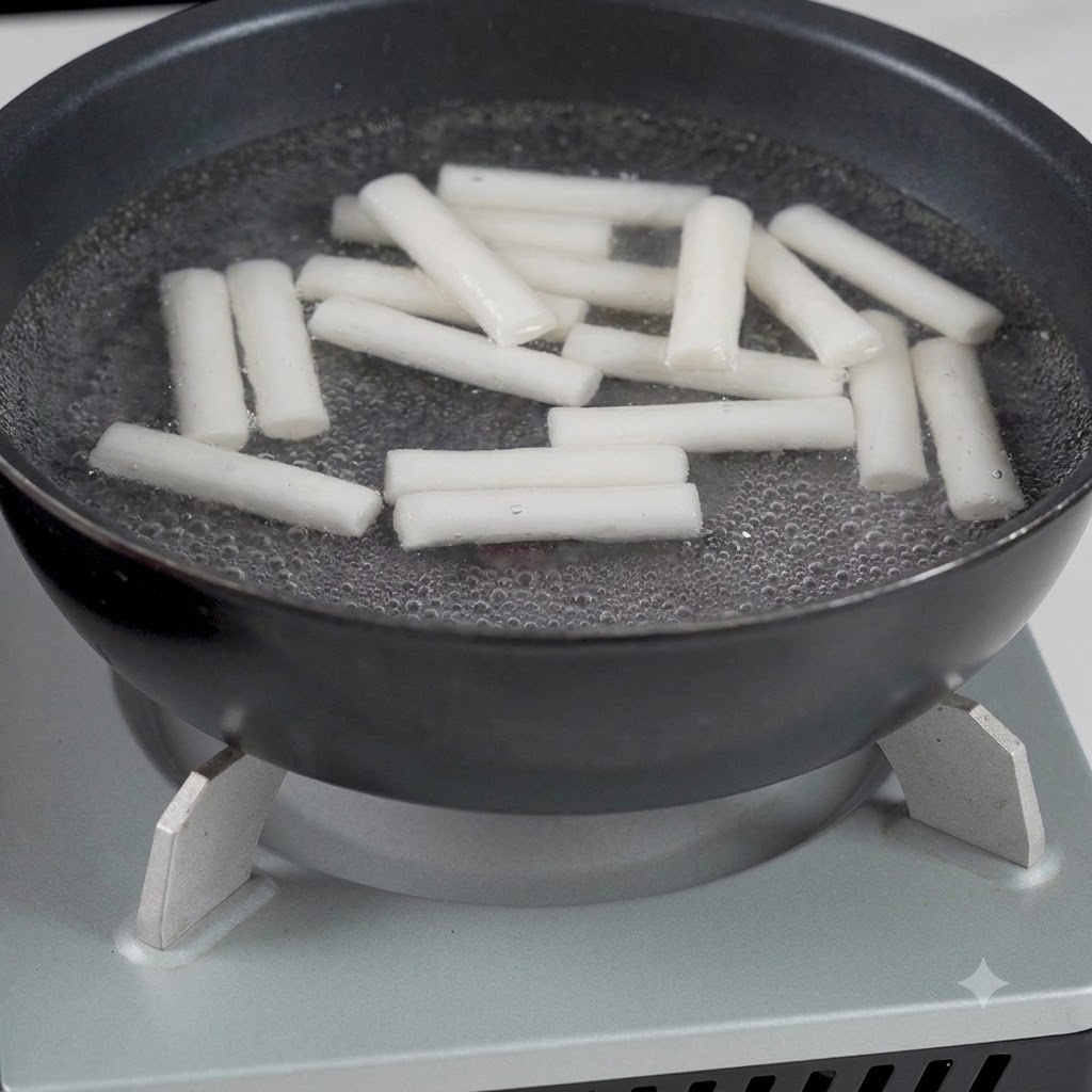 Pasteles de arroz hirviendo en agua dentro de una sartén en una estufa portátil.