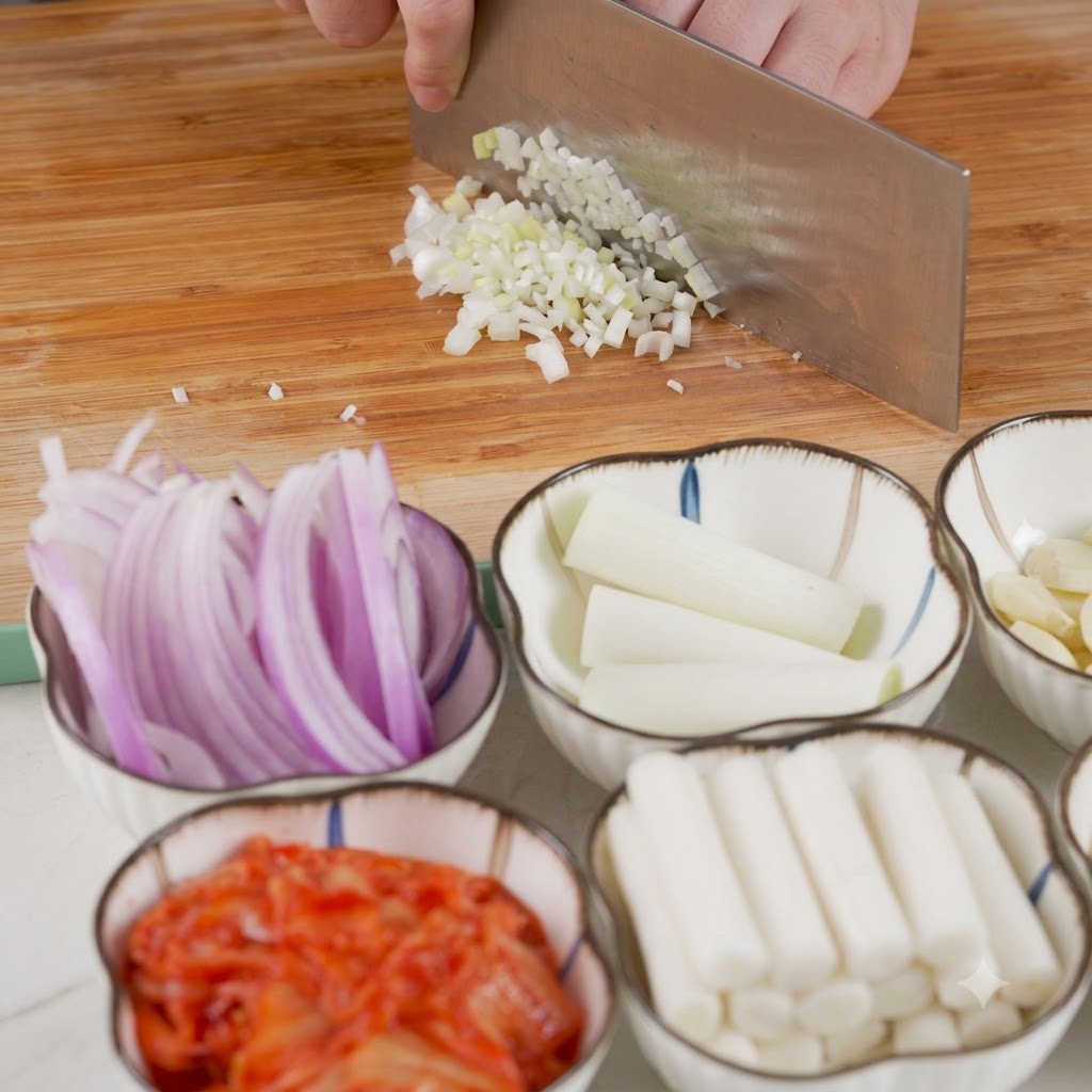 Un cuchillo de cocina picando cebollas verdes en una tabla de cortar de madera.
