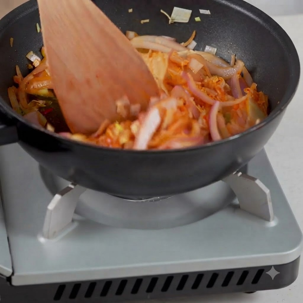 Agua siendo vertida en una sartén con kimchi salteado y cebollas cortadas.