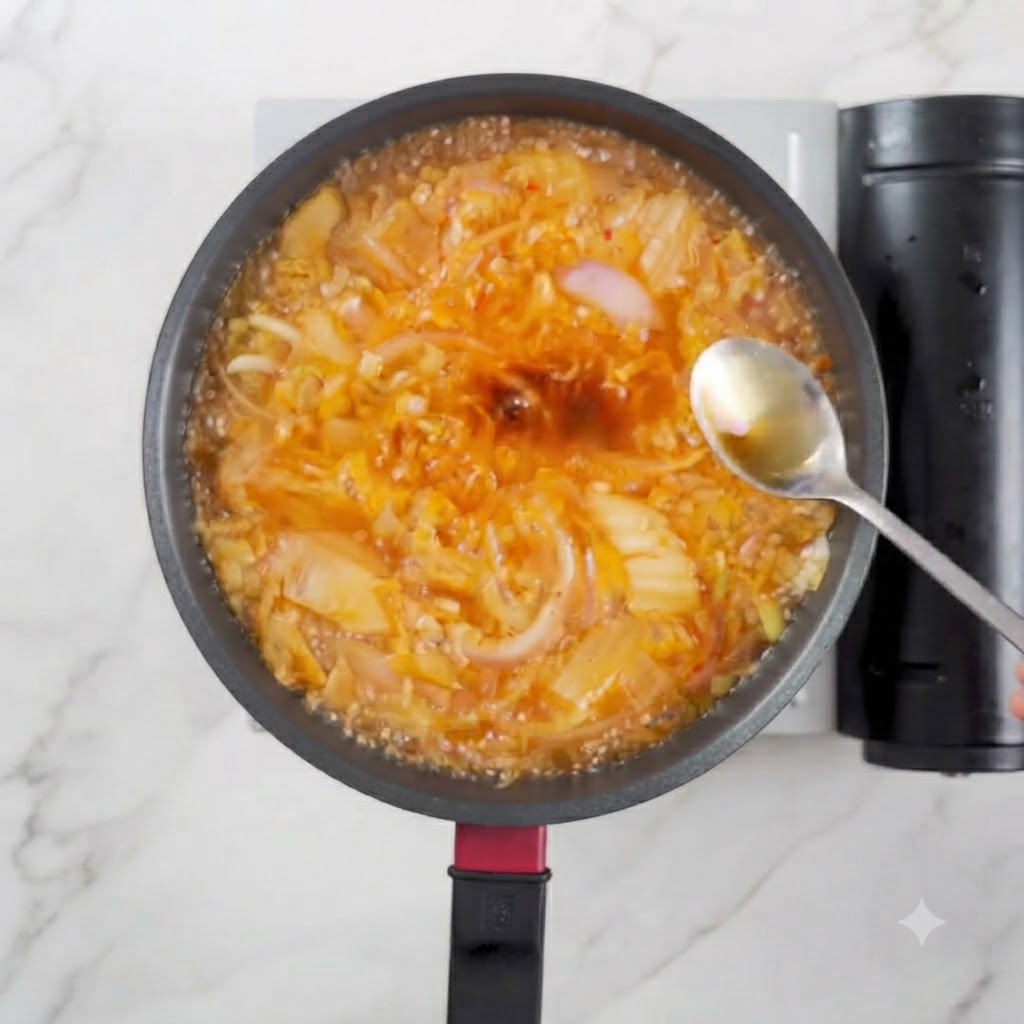 Una cucharada de aceite de sésamo cayendo en una olla hirviendo de sopa de kimchi.