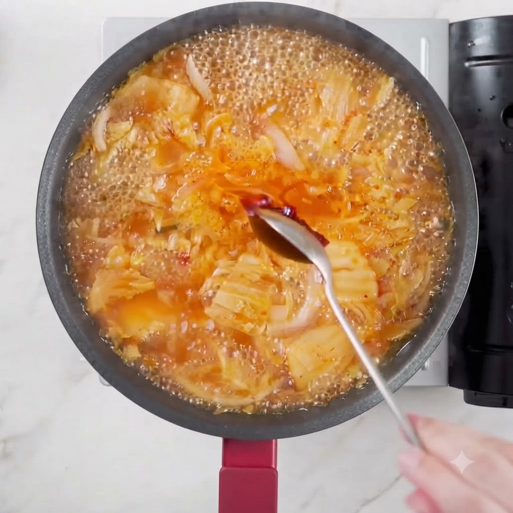 Pasta picante coreana en una cuchara siendo añadida al caldo hirviendo.