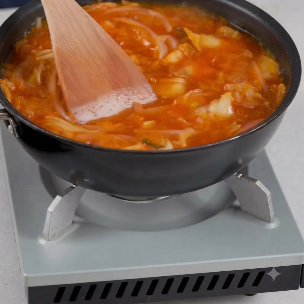 Ingredientes de la sopa y condimentos siendo mezclados en una sartén con una espátula de madera.