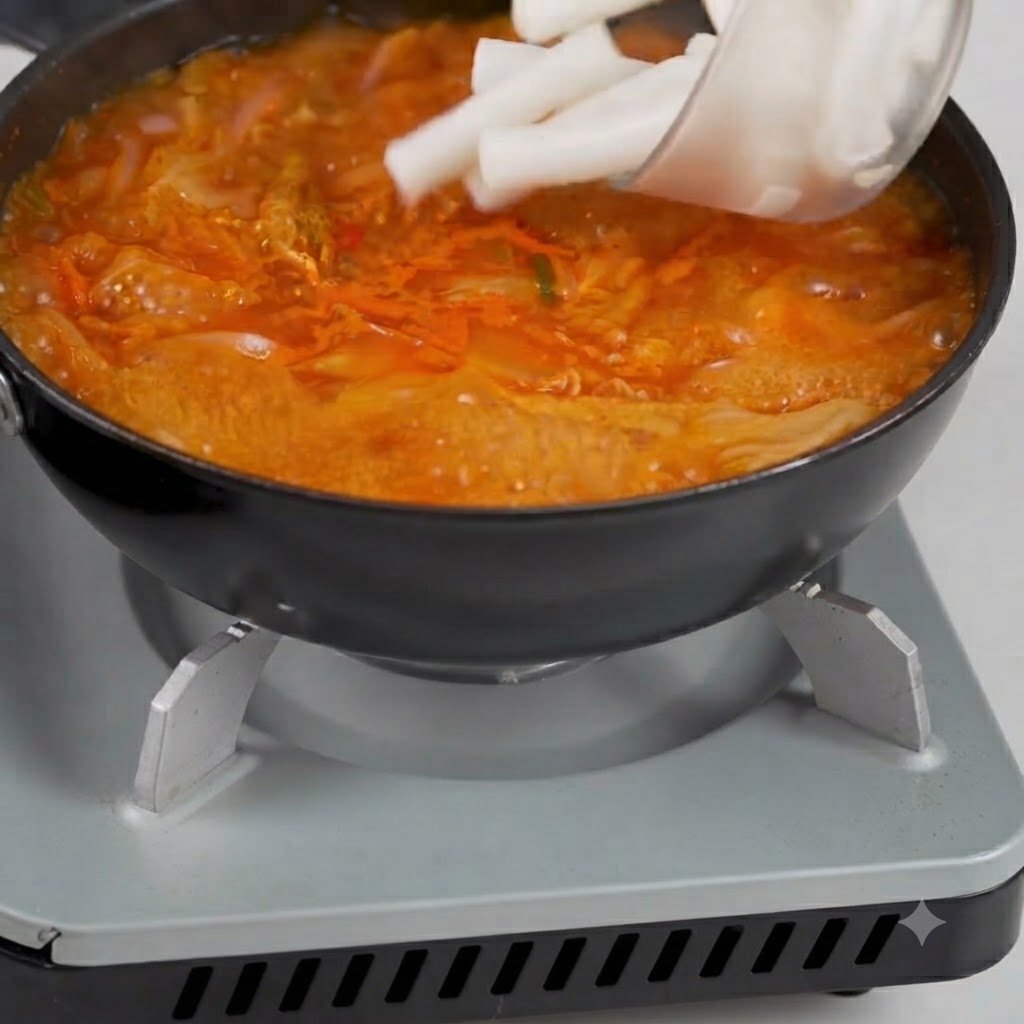 Pasteles de arroz blancos prehervidos siendo añadidos directamente a una olla de sopa de kimchi roja burbujeante.