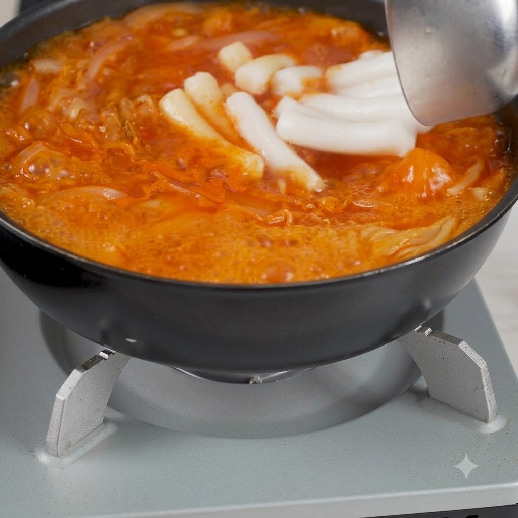 Dumplings coreanos de kimchi siendo añadidos a la olla usando un utensilio de cocina.