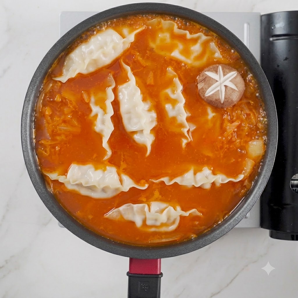 Setas shiitake con patrones tallados organizadas ordenadamente encima de la sopa.