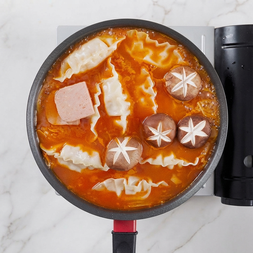Vista superior de dumplings, carne de almuerzo y setas shiitake dispuestas en una sartén con sopa de kimchi burbujeante.