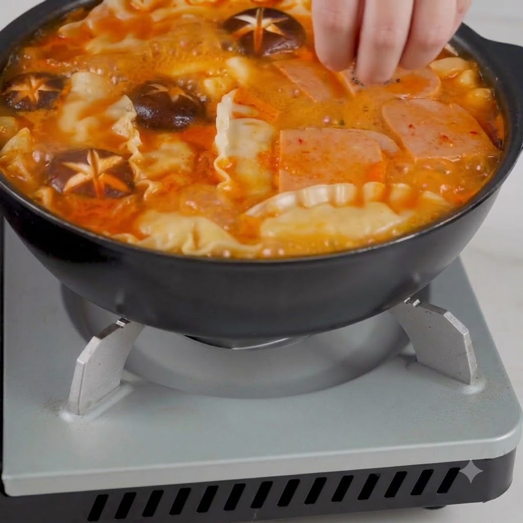 Una mano esparciendo semillas de sésamo y cebollas verdes picadas sobre una sartén burbujeante de sopa de kimchi coreana.