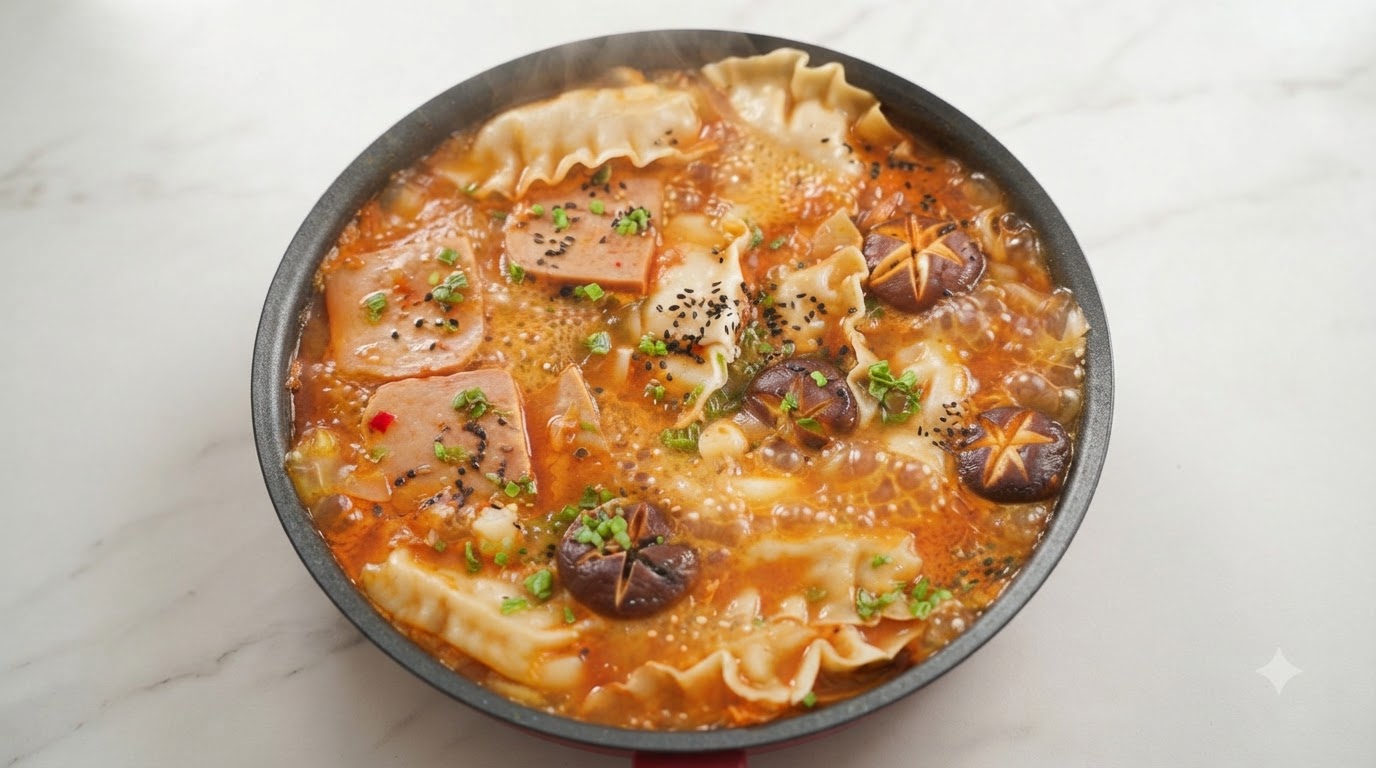 Sopa Coreana de Kimchi con Pastel de Arroz y Dumplings (Tteok-mandu-guk)
