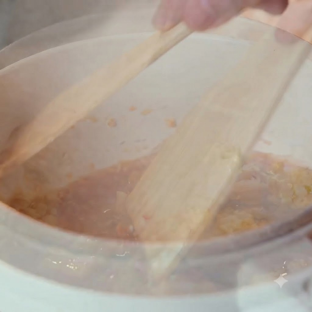 Kimchi picado siendo mezclado en la olla usando espátulas de madera.