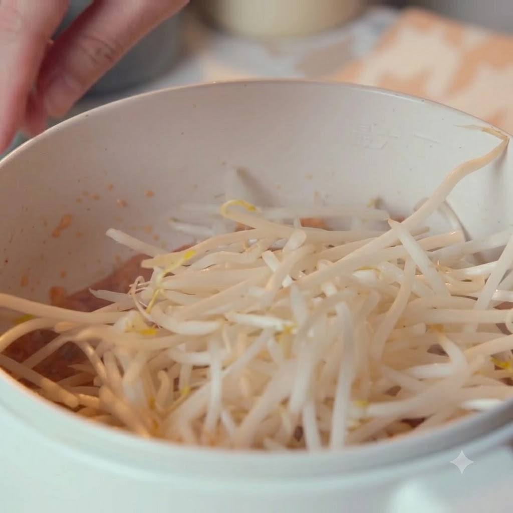 Un puñado de brotes de frijol frescos siendo colocados sobre el kimchi en la olla.