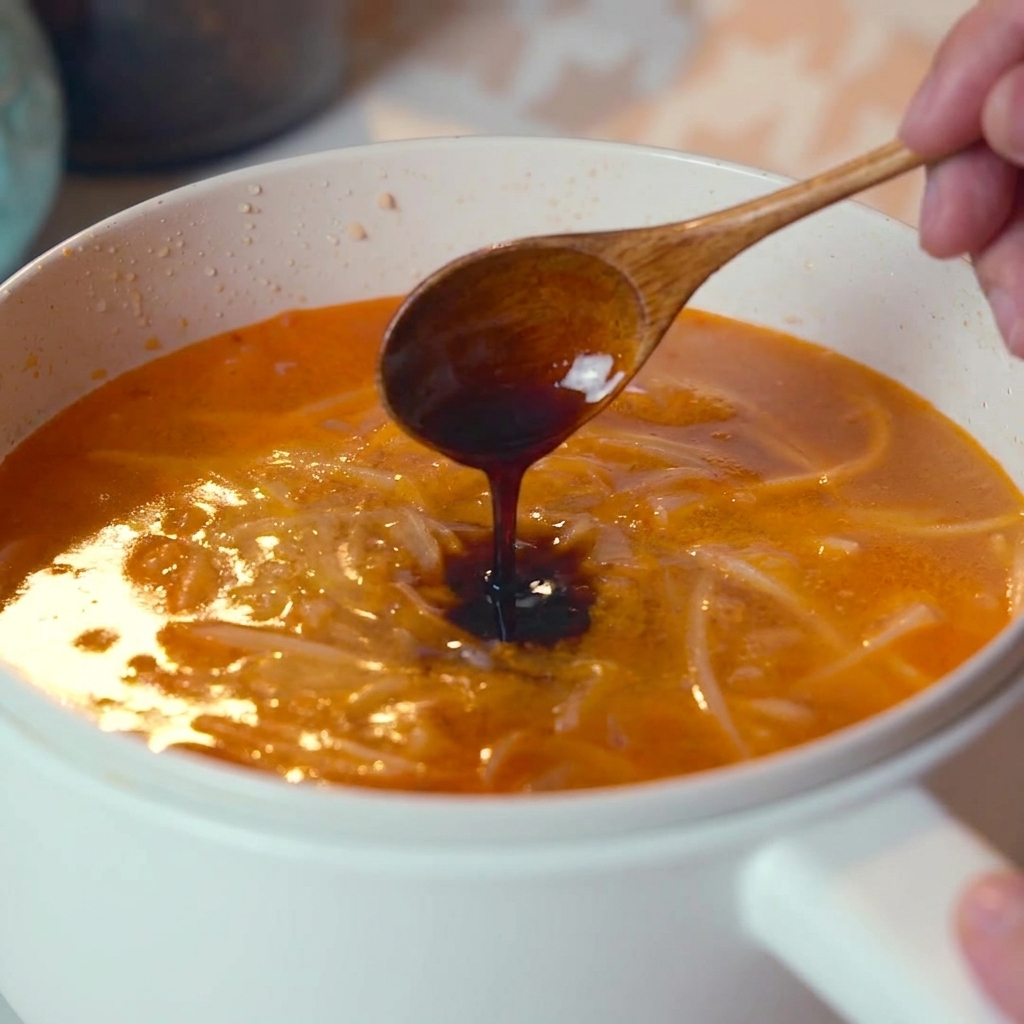 Salsa de soja siendo vertida con una cuchara de madera en la base de sopa anaranjada burbujeante.