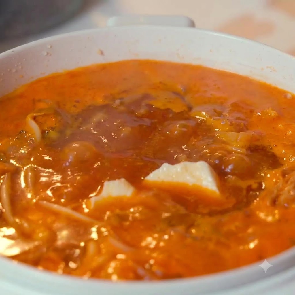 Trozos de tofu blando flotando en la sopa anaranjada a fuego lento.