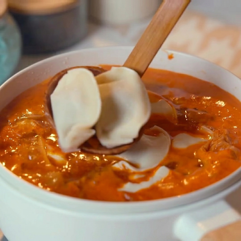 Una cuchara de madera levantando dos dumplings frescos sobre una olla de sopa de kimchi roja humeante.