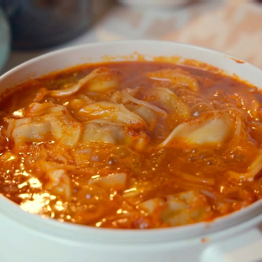 Una olla burbujeante de sopa picante de kimchi y dumplings siendo decorada con semillas de sésamo blanco y cebollas verdes picadas.