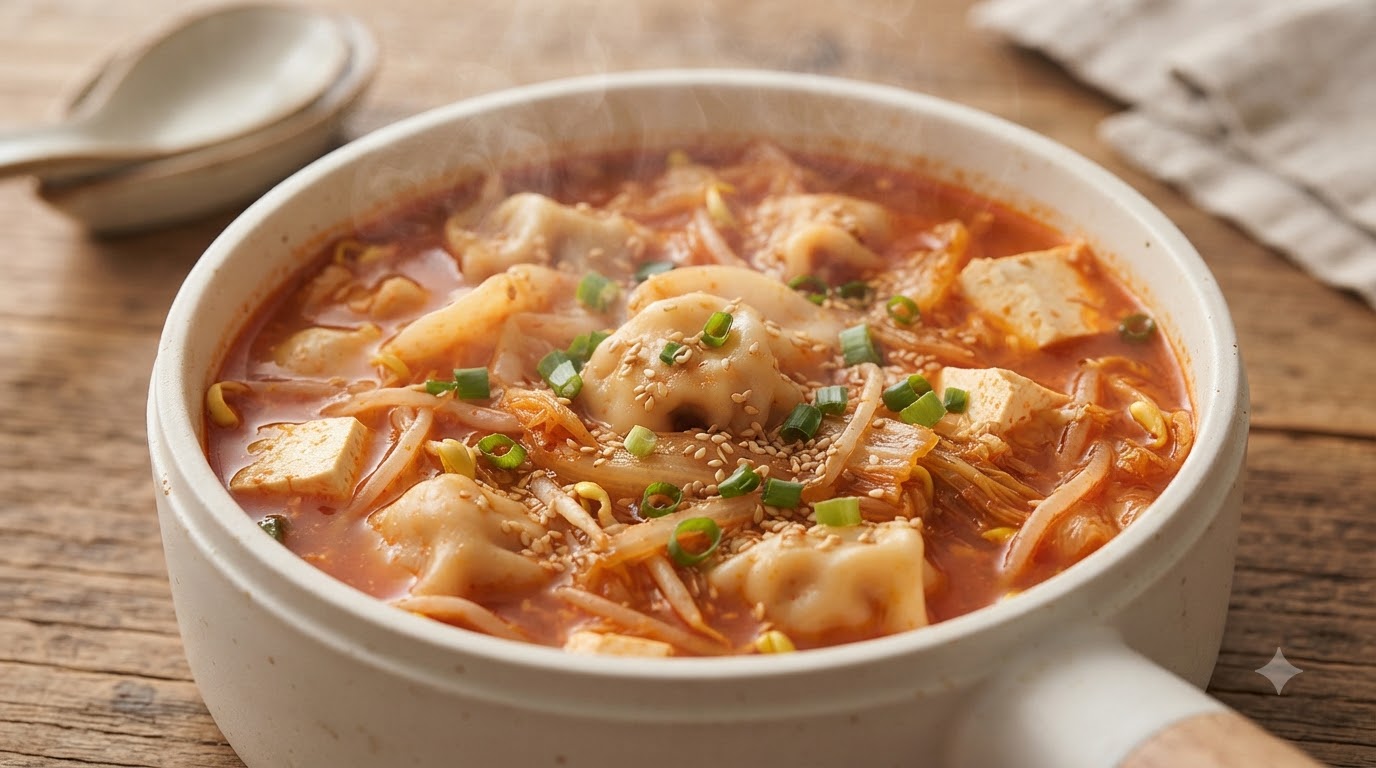 Sopa Coreana Picante de Kimchi con Dumplings (Mandu-guk)