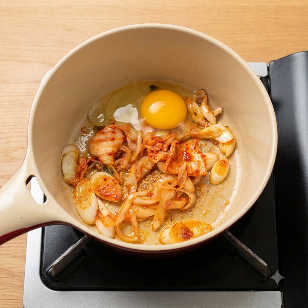 Dos huevos crudos en la olla entre el kimchi y las cebolletas salteadas.